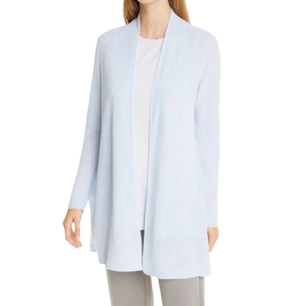 Eileen Fisher Organic Linen Cotton Open Front Longline Cardigan in Indian Sky